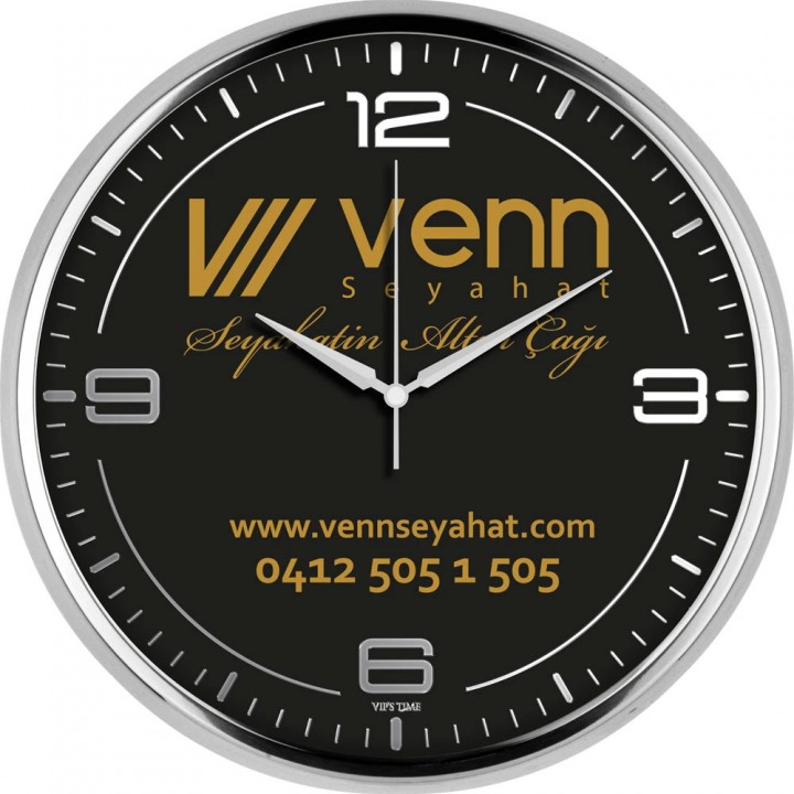 Logo Baskılı Gümüş Varaklı 31 cm Metal Duvar Saati
